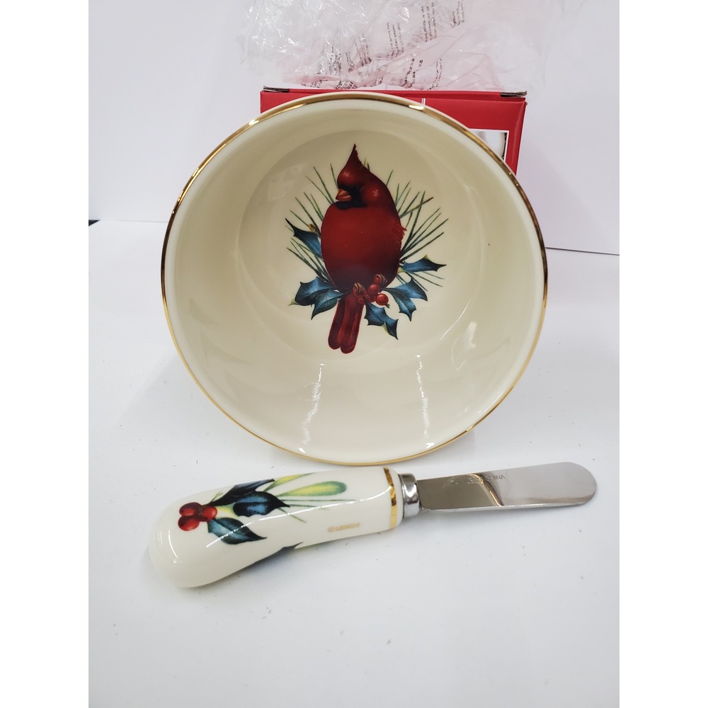 Lenox Winter Greetings Dip Bowl with Spreader Cardinal Holly Gold Rim 804437 NEW